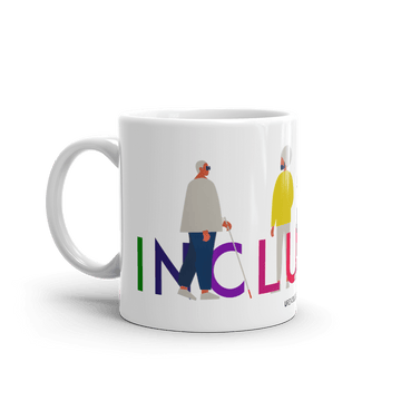 A disability inclusion mug with URevolution's Inclusion icon on the side: the word INCLUSION is written in all caps in rainbow colors. Among the letters are four characters: one plus-sized person with glasses and a cane, one person with one arm wearing a turban, one person with long hair and a prosthetic leg, and one person with an afro, seated in a wheelchair.