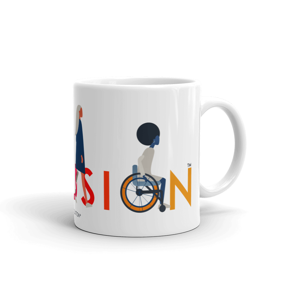 This is a photo of a white inclusion mug with URevolution's Inclusion icon on the side. The word INCLUSION is written in all caps in rainbow colors. Among the letters are four characters: one plus-sized person with glasses and a cane, one person with one arm wearing a turban, one person with long hair and a prosthetic leg, and one person with an afro, seated in a wheelchair.