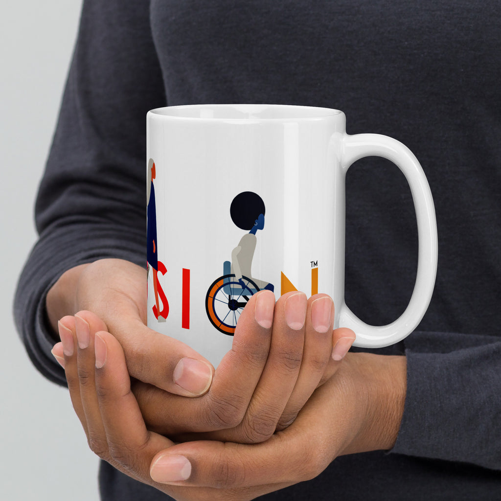 This is a photo of a white inclusion mug with URevolution's Inclusion icon on the side. The word INCLUSION is written in all caps in rainbow colors. Among the letters are four characters: one plus-sized person with glasses and a cane, one person with one arm wearing a turban, one person with long hair and a prosthetic leg, and one person with an afro, seated in a wheelchair.