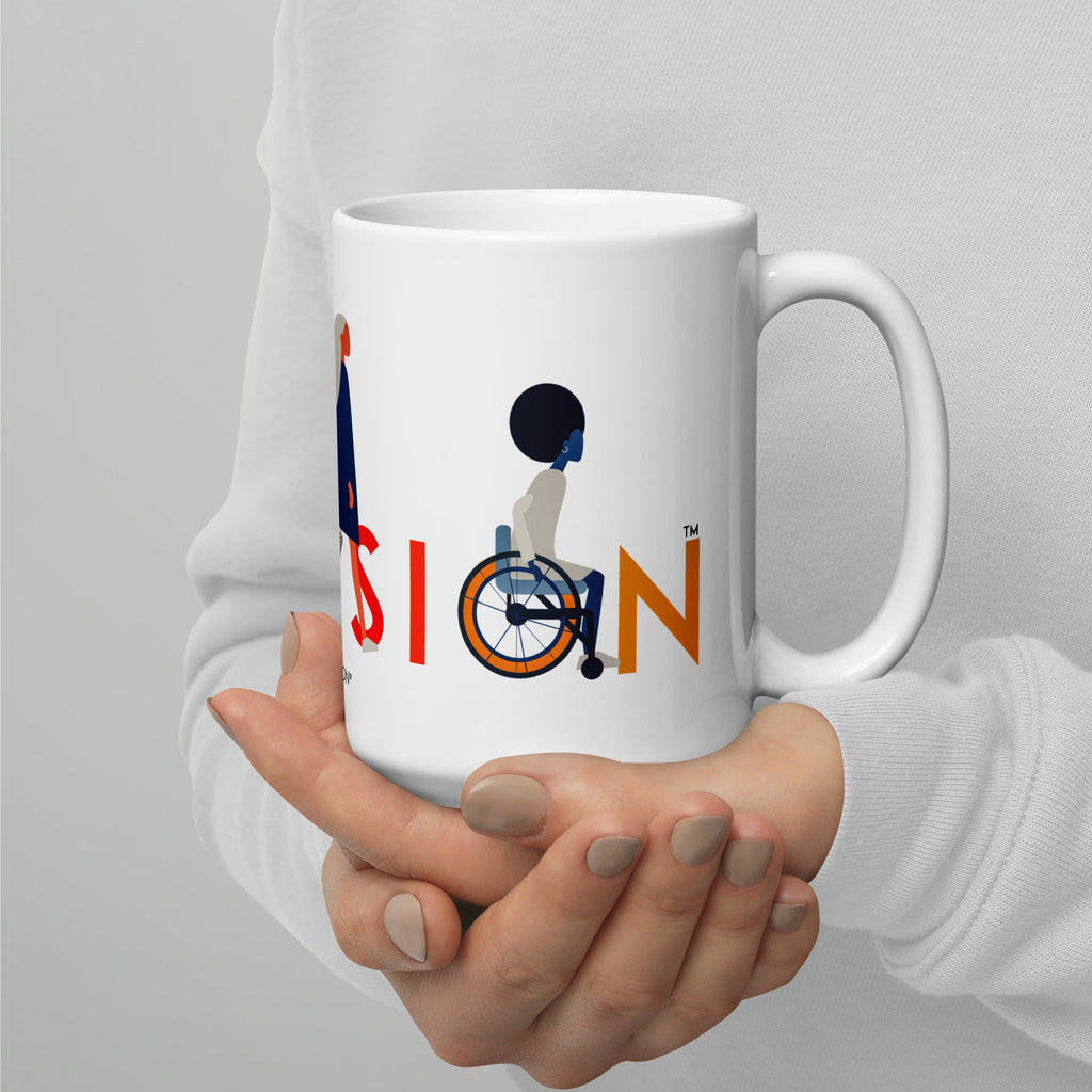 This is a photo of a white inclusion mug with URevolution's Inclusion icon on the side. The word INCLUSION is written in all caps in rainbow colors. Among the letters are four characters: one plus-sized person with glasses and a cane, one person with one arm wearing a turban, one person with long hair and a prosthetic leg, and one person with an afro, seated in a wheelchair.