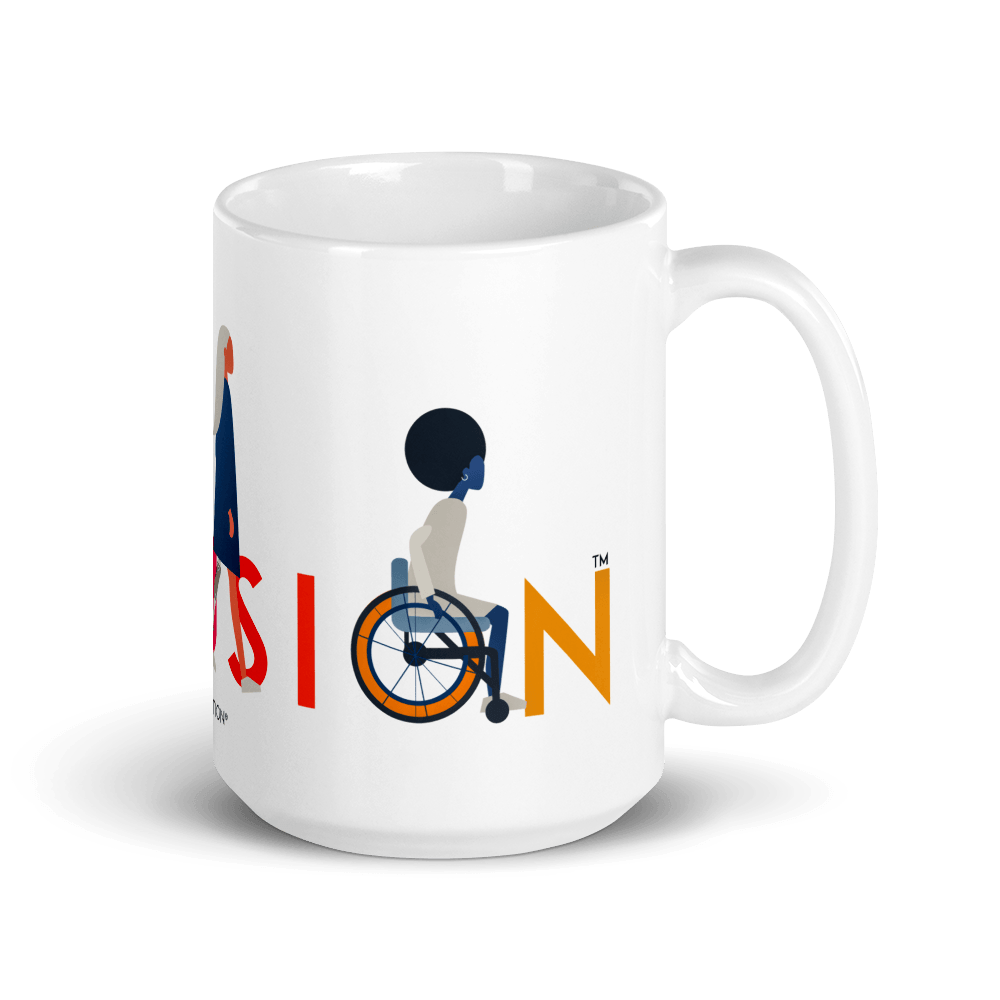 This is a photo of a white inclusion mug with URevolution's Inclusion icon on the side. The word INCLUSION is written in all caps in rainbow colors. Among the letters are four characters: one plus-sized person with glasses and a cane, one person with one arm wearing a turban, one person with long hair and a prosthetic leg, and one person with an afro, seated in a wheelchair.
