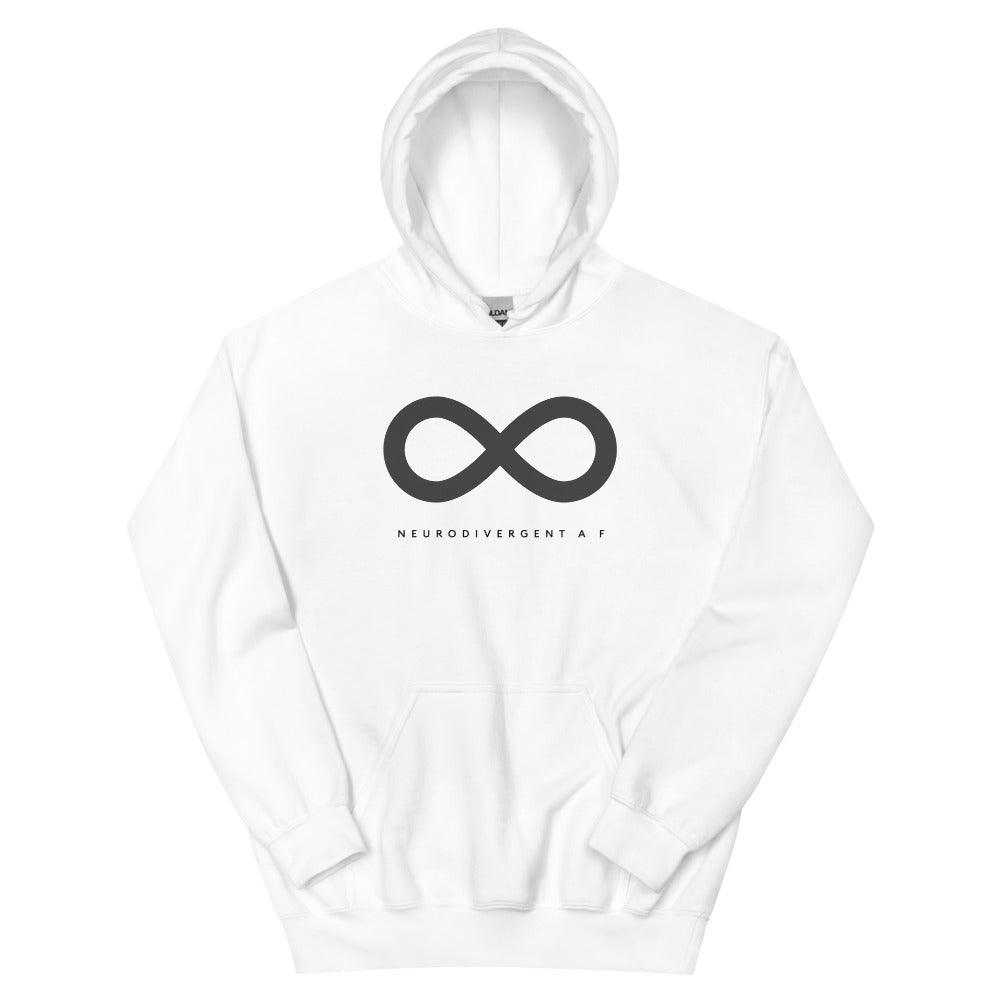 This is a photo of a heavy blend black Neurodivergent AF  Hoodie. In the top third of the Neurodivergent AF  Hoodie there is a thick black infinity symbol. Under the symbol is the phrase, 'neurodivergent a f.'