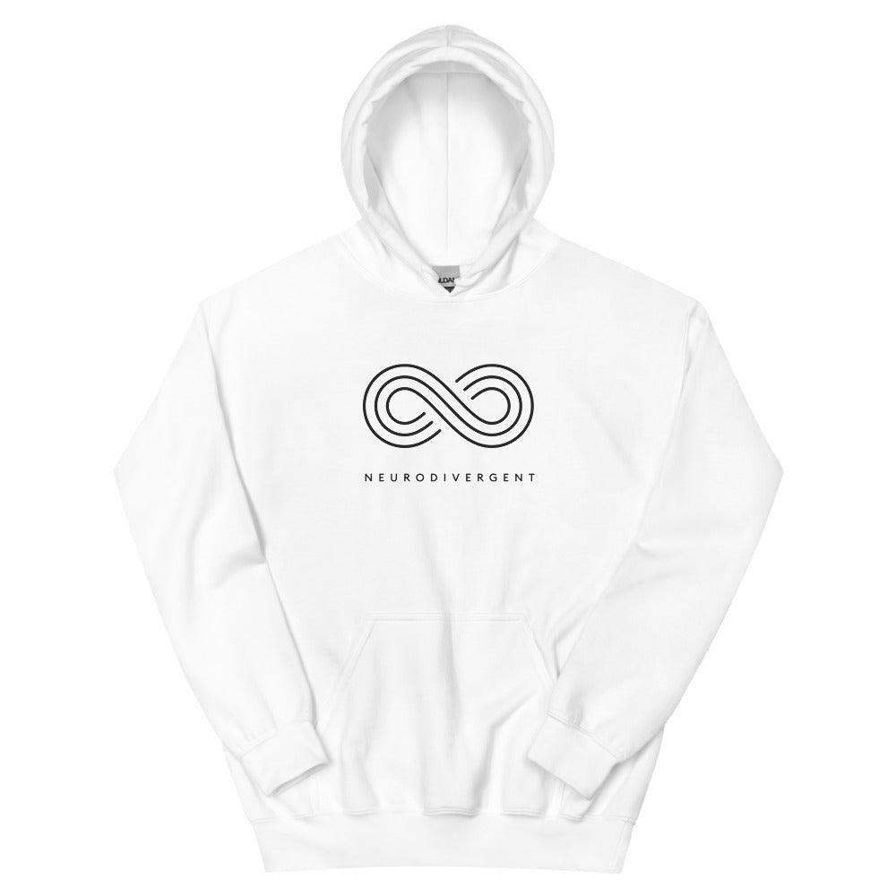 This is a photo of a heavy blend white Neurodivergent Hoodie. In the top third of the Neurodivergent Hoodie, there is an elegant black infinity symbol consisting of three interwoven white lines. Under the symbol is the phrase, 'neurodivergent.'
