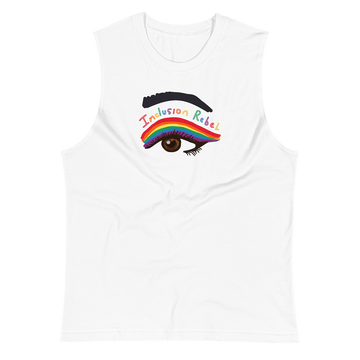 This inclusion rebel eye muscle tank has a large colorful hand-drawn illustration of a right eye in the middle top of the tank.  There is an eyeliner design above their right eye. The design includes a series of lines drawn in the colors of the LGTB flag with the words, Inclusion Rebel, outlined in a handwriting style above the lines. 