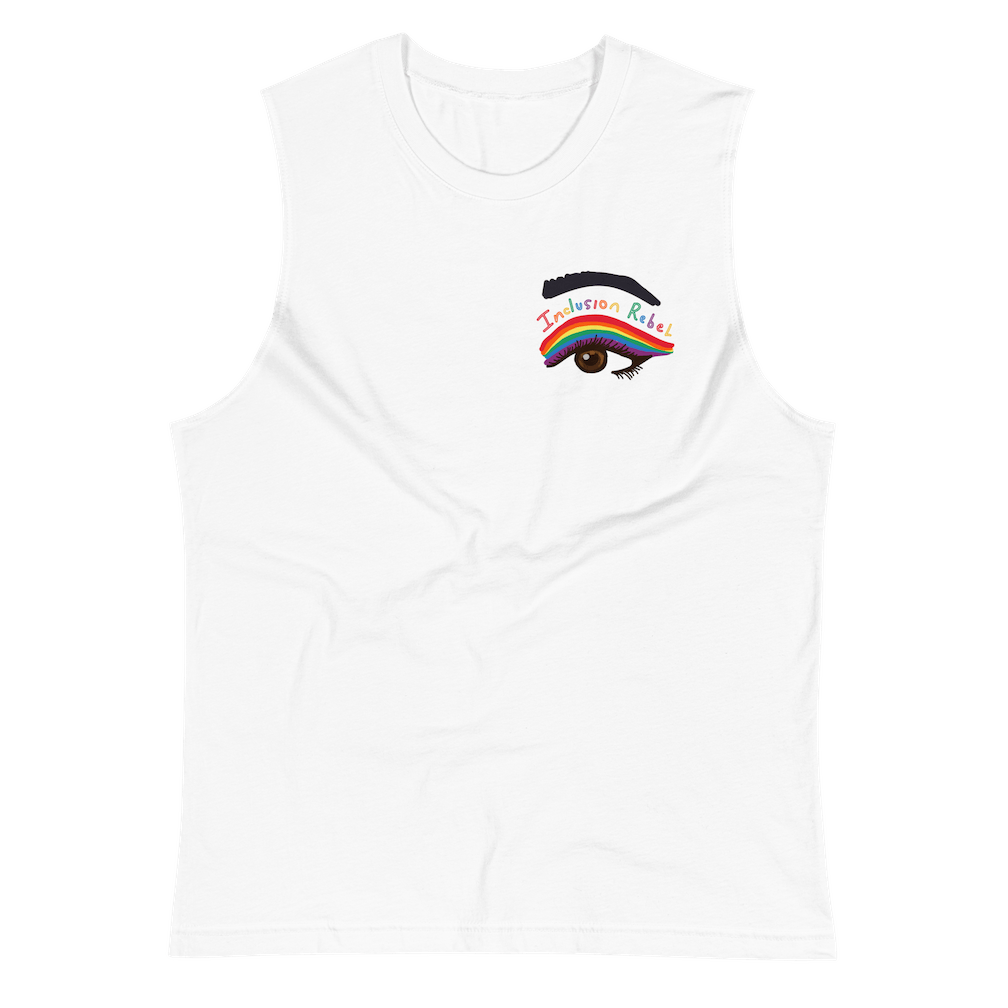 This inclusion rebel eye muscle tank has a large colorful hand-drawn illustration of a right eye in the front top right hand side of the tank. There is an eyeliner design above their right eye. The design includes a series of lines drawn in the colors of the LGTB flag with the words, Inclusion Rebel, outlined in a handwriting style above the lines.
