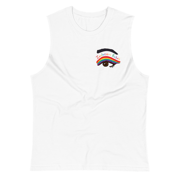 This inclusion rebel eye muscle tank has a large colorful hand-drawn illustration of a right eye in the front top right hand side of the tank. There is an eyeliner design above their right eye. The design includes a series of lines drawn in the colors of the LGTB flag with the words, Inclusion Rebel, outlined in a handwriting style above the lines.