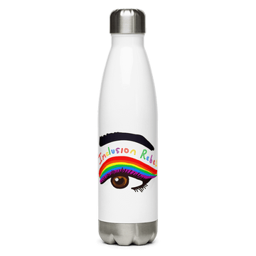 This is a photo of a white inclusion rebel water bottle that has a large colorful hand-drawn illustration of a right eye in the middle of the water bottle. There is an eyeliner design above their right eye. The design includes a series of lines drawn in the colors of the LGTB flag with the words, Inclusion Rebel, outlined in a handwriting style above the lines.