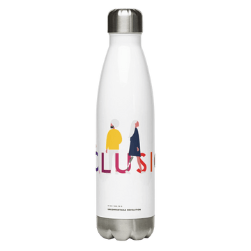 This is a photo of a white URevolution diversity inclusion water bottle. The bottle has URevolution's iconic INCLUSION logo printed across the middle of the water bottle. The word INCLUSION is printed in large type in the colors of the rainbow in the middle of the bottle. Four diverse disabled people are incorporated into the word INCLUSION. The word URevolution is printed in black, in a small font, under the inclusion logo. 