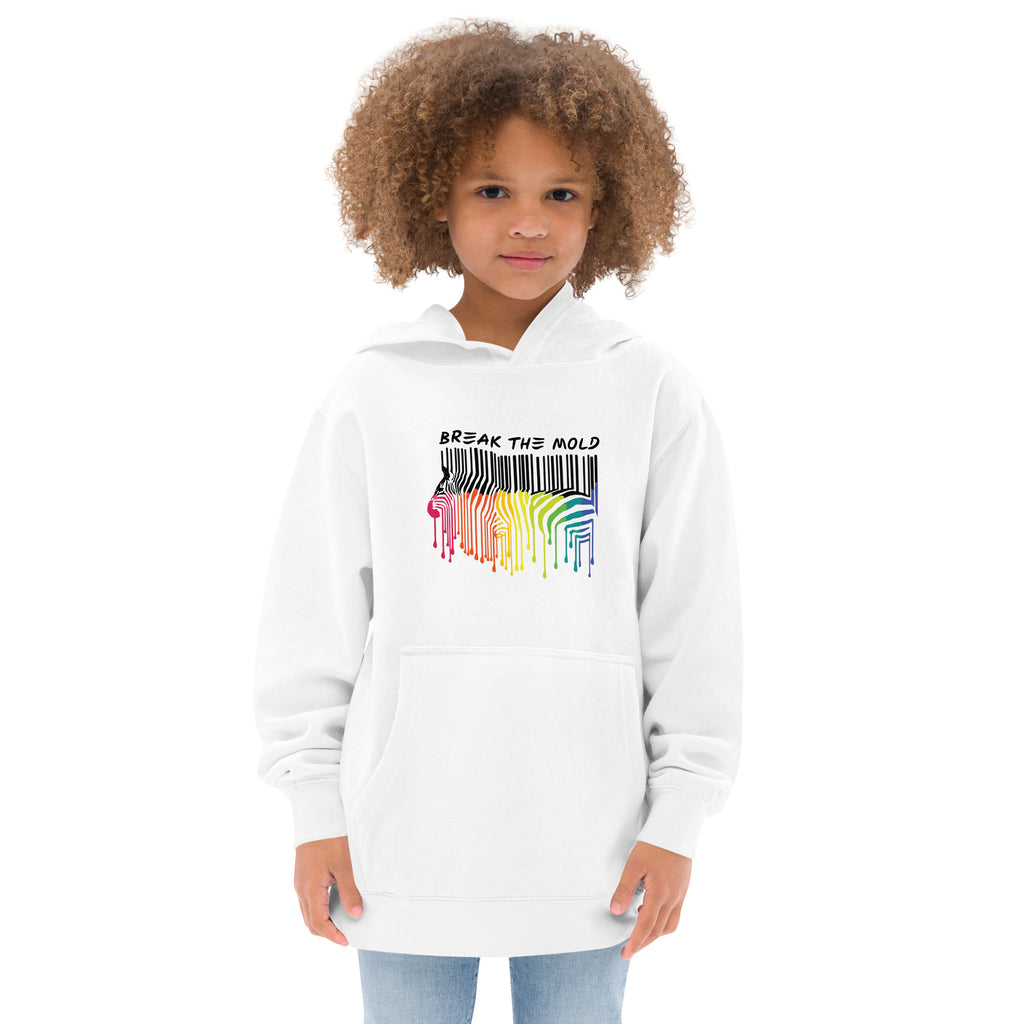 A photo of a kids Break the Mold hoodie. In the middle of the hoodie is a graphic of zebra in the silhouette of a barcode. The top half of the zebra are vertical black stripes, which then change just below the back into the colors of the rainbow. The bottom of each stripe has a paint drip mark. Just above the zebra's back is the phrase, in upper case, 'break the mold.'
