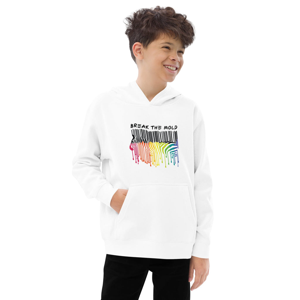 A photo of a kids Break the Mold hoodie. In the middle of the hoodie is a graphic of zebra in the silhouette of a barcode. The top half of the zebra are vertical black stripes, which then change just below the back into the colors of the rainbow. The bottom of each stripe has a paint drip mark. Just above the zebra's back is the phrase, in upper case, 'break the mold.'