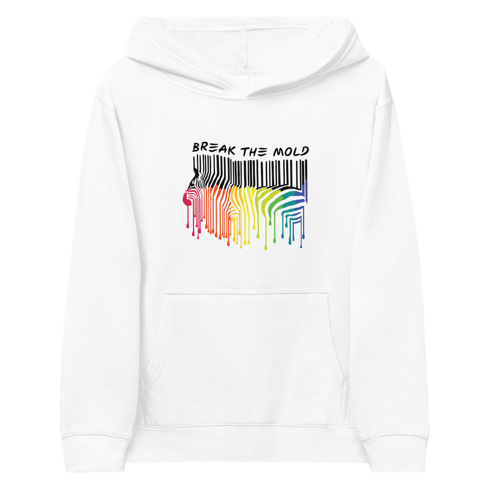 A photo of a kids Break the Mold hoodie. In the middle of the hoodie is a graphic of zebra in the silhouette of a barcode. The top half of the zebra are vertical black stripes, which then change just below the back into the colors of the rainbow. The bottom of each stripe has a paint drip mark. Just above the zebra's back is the phrase, in upper case, 'break the mold.'