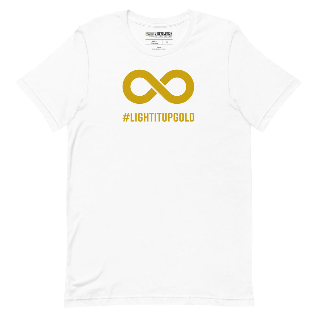 This is a photo of a white Light It Up Gold t-shirt. The tee has the word #LightItUpGold printed in large upper case letters beneath a solid line infinity symbol. The symbol and text are colored gold. 