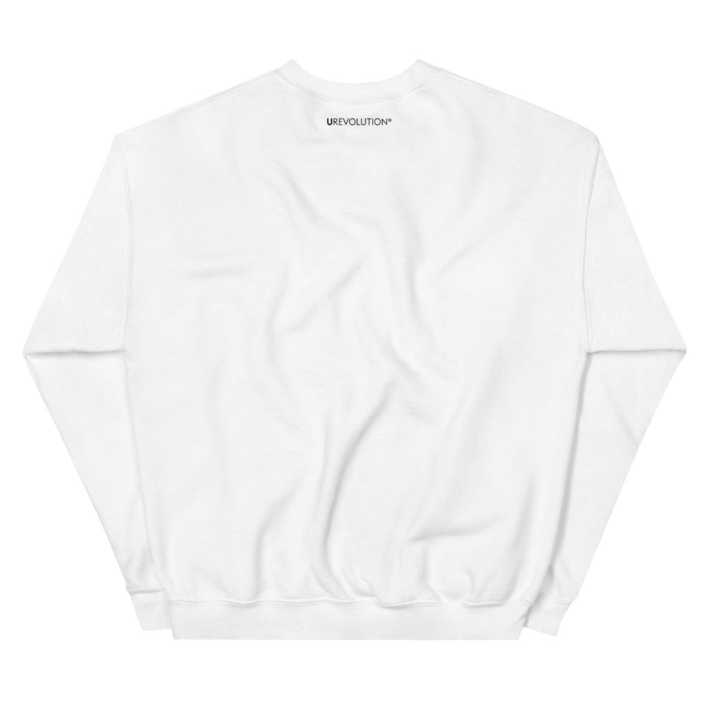 This is a photo of the back of a Neurodivergent AF sweatshirt. Just beneath the collar, in small upper case letters, is the word 'URevolution.'