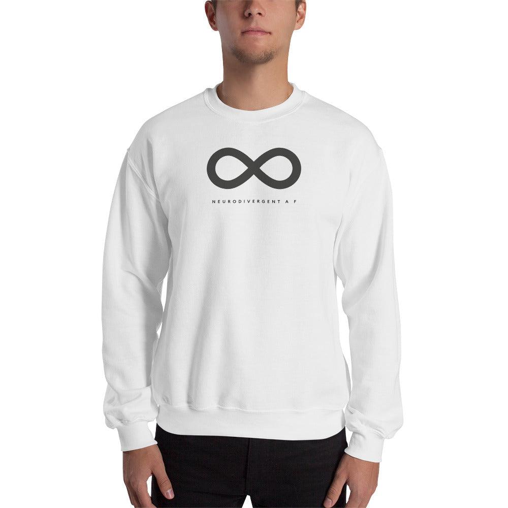 White Neurodivergent AF sweatshirt. There is a black infinity symbol in the top third of the Neurodivergent AF sweatshirt. Under the symbol is the phrase, 'Neurodivergent AF,' in black upper case letters. The sweatshirt is worn by a male model with only his torso visible.