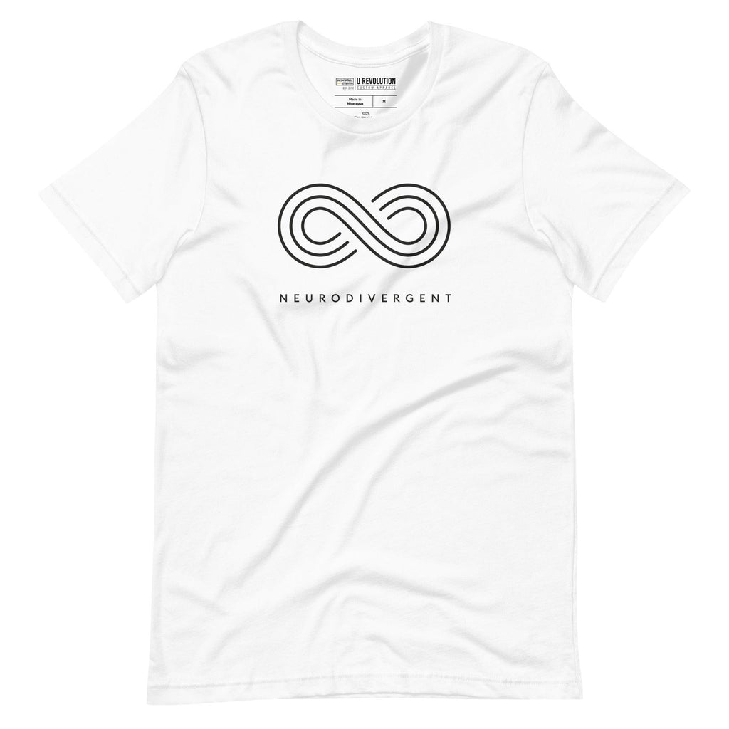 White neurodivergent shirt against a plain background. In the top 1/3 of the neurodivergent shirt is an elegant black infinity symbol consisting of three thin white lines. Just below the infinity symbol is the word Neurodivergent in elegant upper case black letters.