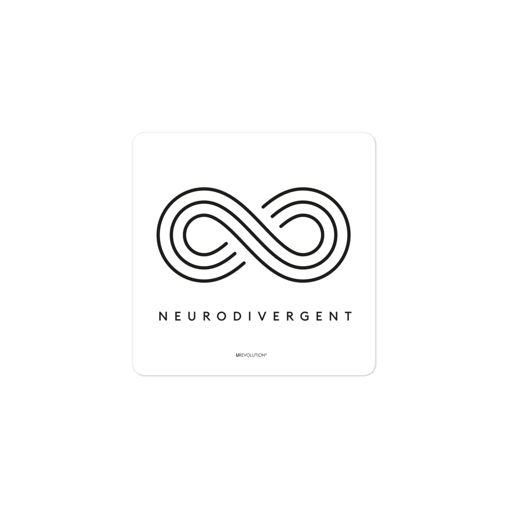 This is a photo of a white neurodivergent sticker. In the middle of the sticker is an elegant black infinity symbol consisting of three thin white lines. Just below the infinity symbol is the word Neurodivergent in elegant upper case black letters.