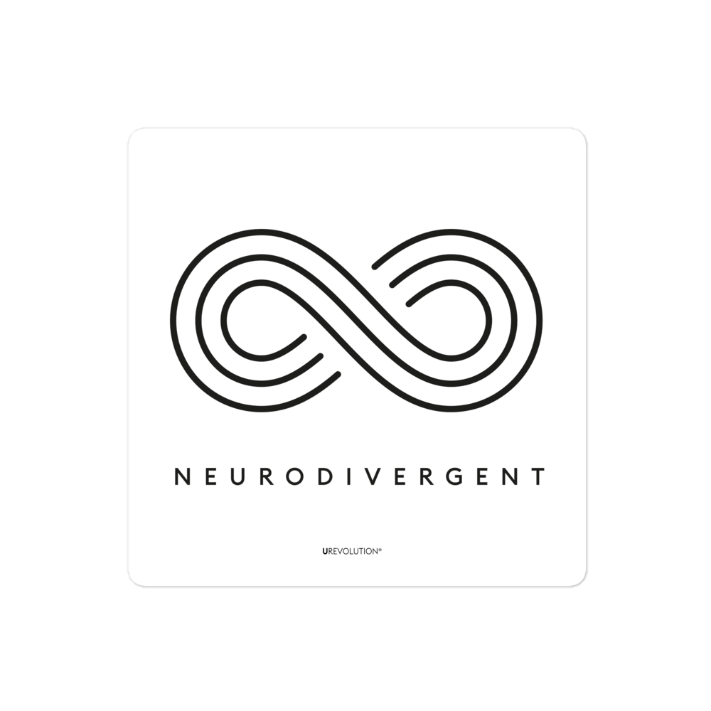 This is a photo of a white neurodivergent sticker. In the middle of the sticker is an elegant black infinity symbol consisting of three thin white lines. Just below the infinity symbol is the word Neurodivergent in elegant upper case black letters.