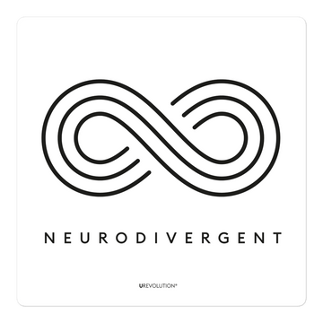 This is a photo of a white neurodivergent sticker. In the middle of the sticker is an elegant black infinity symbol consisting of three thin white lines. Just below the infinity symbol is the word Neurodivergent in elegant upper case black letters.