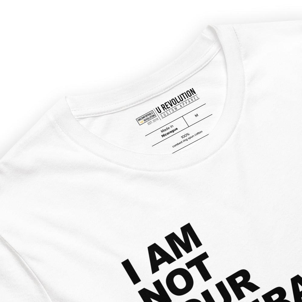 This is a white 'I Am Not Your Inspiration" t-shirt. On the top third of the inspiration shirt is the phrase, "I am not your inspiration," printed over four lines in black upper case letters.