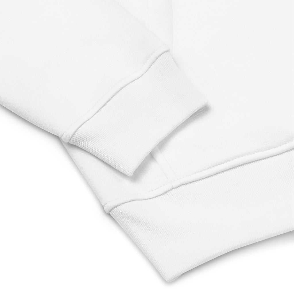 Photo of a white premium eco-friendly be inclusive hoodie. The image shows the sleeve and hem details.
