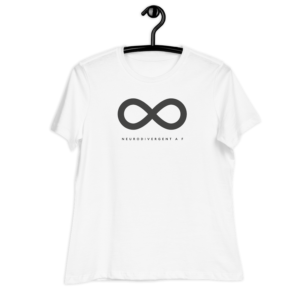 This is a photo of URevolution's relaxed curvy Neurodivergent AF Eco-Friendly Hoodie. In the middle of the top one-third of the tee, there is a black infinity symbol. Under the symbol is the phrase, 'neurodivergent a f,' in upper case block letters.