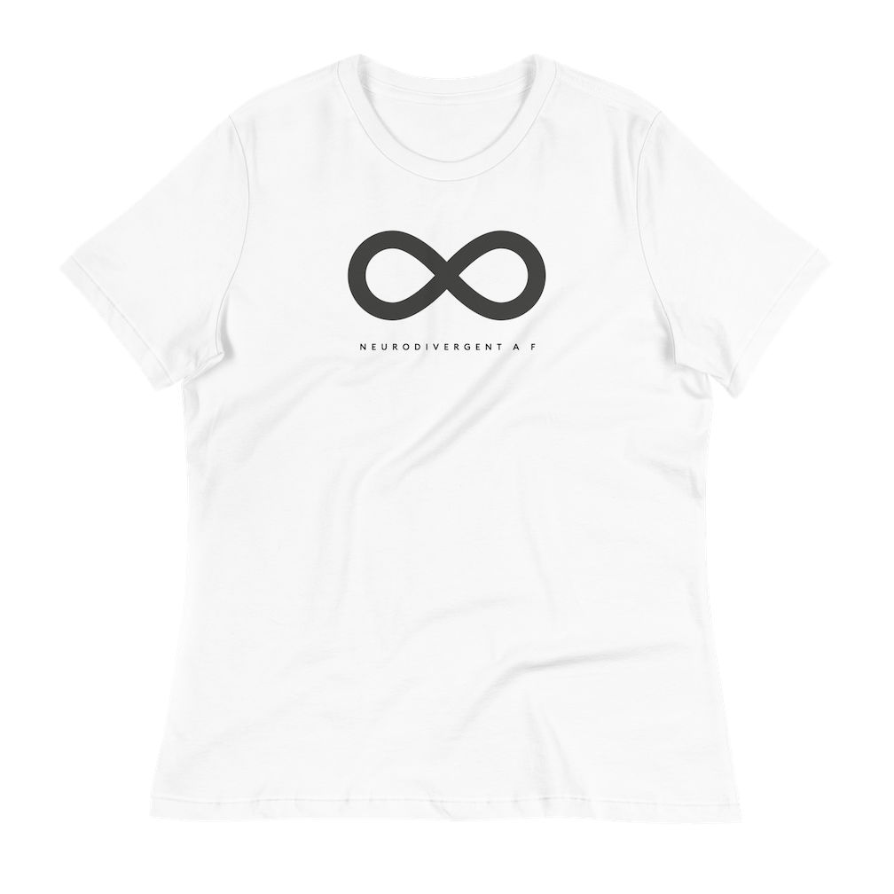 This is a photo of URevolution's relaxed curvy Neurodivergent AF Eco-Friendly Hoodie. In the middle of the top one-third of the tee, there is a black infinity symbol. Under the symbol is the phrase, 'neurodivergent a f,' in upper case block letters.