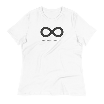 This is a photo of URevolution's relaxed curvy Neurodivergent AF Eco-Friendly Hoodie. In the middle of the top one-third of the tee, there is a black infinity symbol. Under the symbol is the phrase, 'neurodivergent a f,' in upper case block letters.