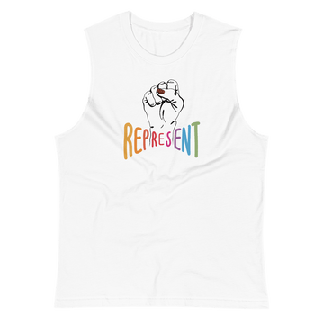 Photo of a black Represent muscle tank. In the center of the organic tee is a white drawing of a raised clenched fist, with the handwritten word “represent,” written in upper case rainbow colors beneath the fist.Photo of a white Represent muscle tank. In the center of the organic tee is a black drawing of a raised clenched fist, with the handwritten word “represent,” written in upper case rainbow colors beneath the fist.