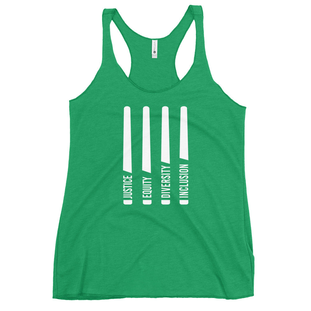An envy green Justice Equity Diversity Inclusion women's racerback tank. Four white laser swords are placed vertically in the middle of the women's racerback tank. At the base of each sword, in the place of the handle, is one word: Justice Equity Diversity Inclusion.