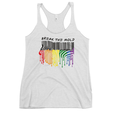 A white Break The Mold women's racerback tank. In the middle top one-third of the women's racerback tank is a zebra graphic in the silhouette of a barcode. The top half of the zebra are vertical black stripes, which change just below the back into the colors of the rainbow. The bottom of each strip has a paint drip mark. Above the zebra's back is the phrase, in upper case, 'break the mold.'