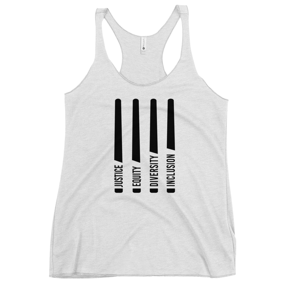 A white Justice Equity Diversity Inclusion women's racerback tank. Four white laser swords are placed vertically in the middle of the women's racerback tank. At the base of each sword, in the place of the handle, is one word: Justice Equity Diversity Inclusion.