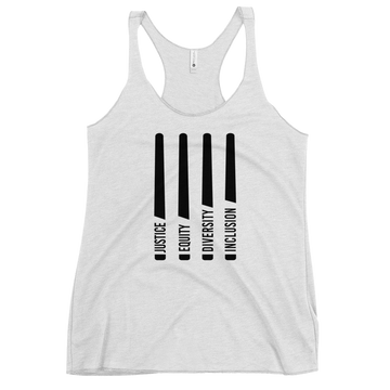 A white Justice Equity Diversity Inclusion women's racerback tank. Four white laser swords are placed vertically in the middle of the women's racerback tank. At the base of each sword, in the place of the handle, is one word: Justice Equity Diversity Inclusion.