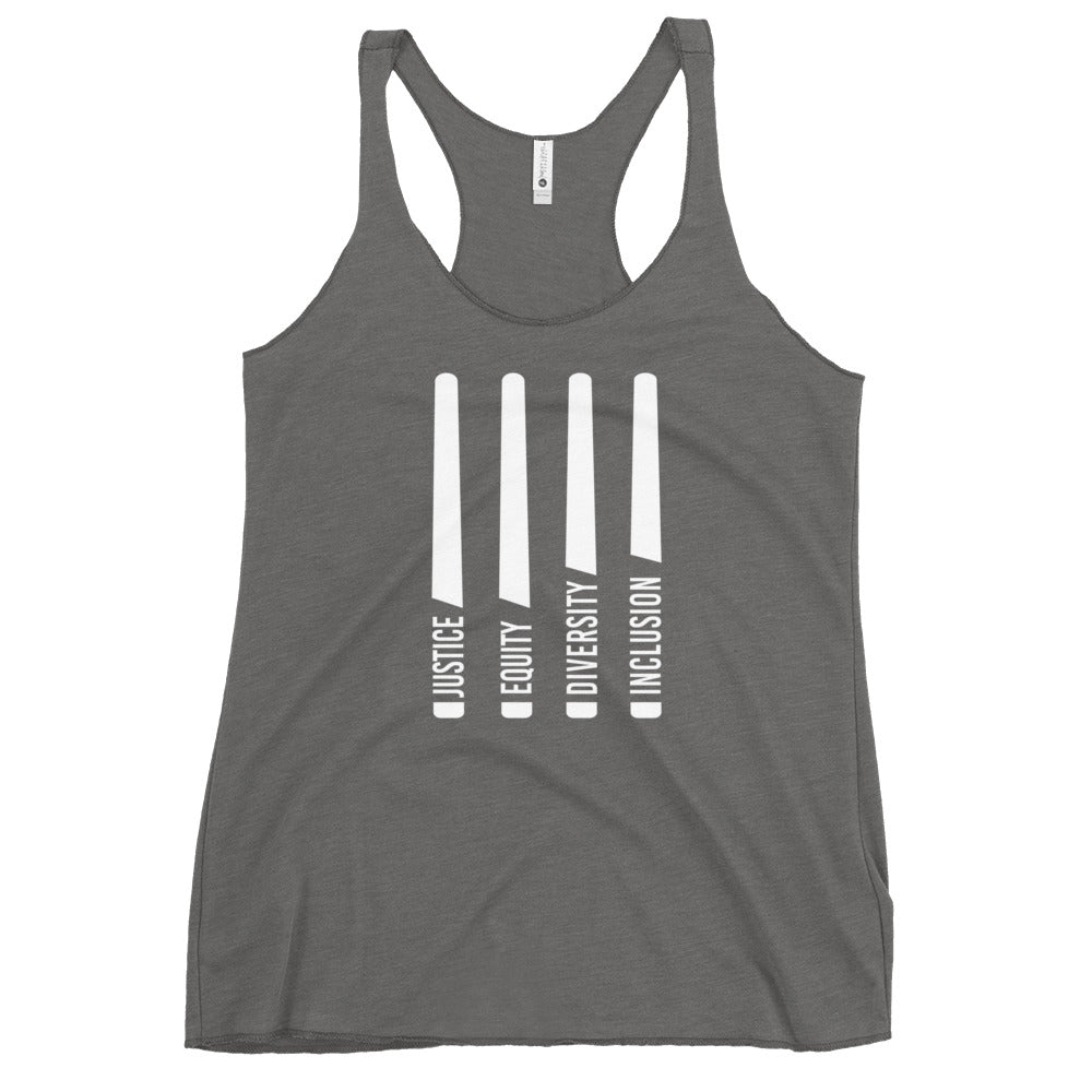 A premium heather Justice Equity Diversity Inclusion women's racerback tank. Four white laser swords are placed vertically in the middle of the women's racerback tank. At the base of each sword, in the place of the handle, is one word: Justice Equity Diversity Inclusion.