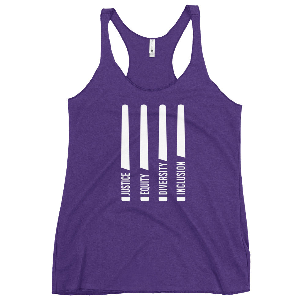 A purple rush Justice Equity Diversity Inclusion women's racerback tank. Four white laser swords are placed vertically in the middle of the women's racerback tank. At the base of each sword, in the place of the handle, is one word: Justice Equity Diversity Inclusion.