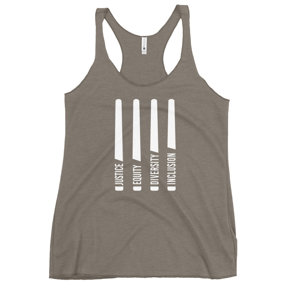 A venetian grey Justice Equity Diversity Inclusion women's racerback tank. Four white laser swords are placed vertically in the middle of the women's racerback tank. At the base of each sword, in the place of the handle, is one word: Justice Equity Diversity Inclusion.