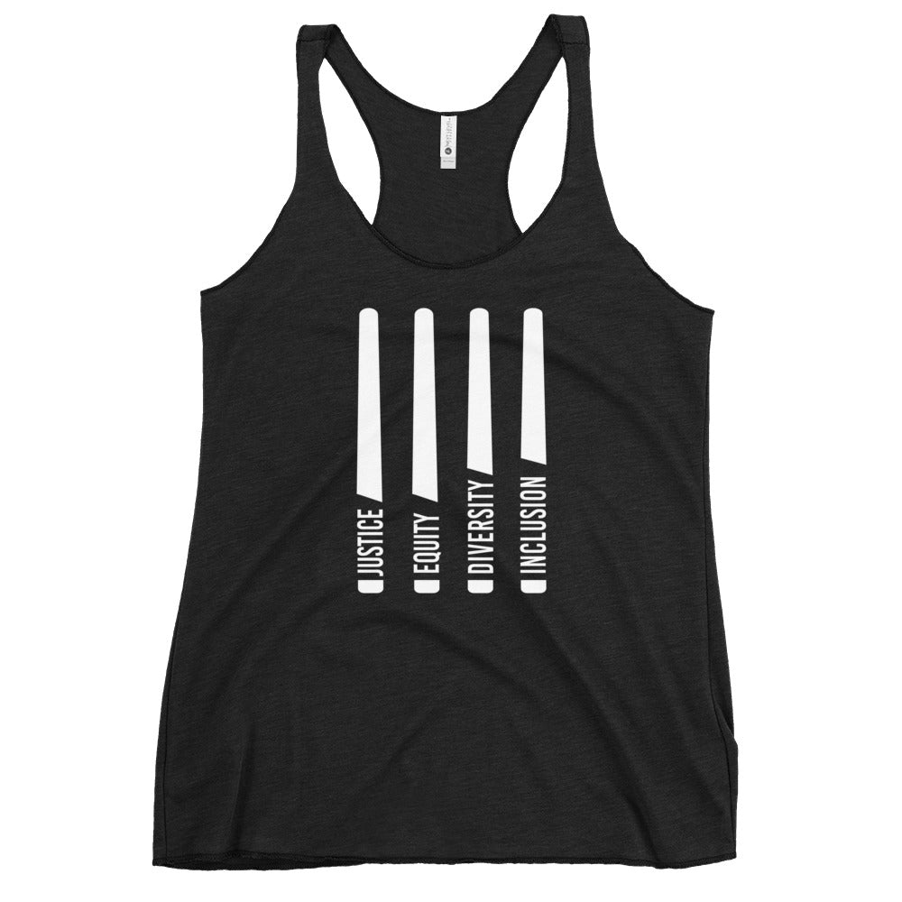 A black Justice Equity Diversity Inclusion women's racerback tank. Four white laser swords are placed vertically in the middle of the women's racerback tank. At the base of each sword, in the place of the handle, is one word: Justice Equity Diversity Inclusion.