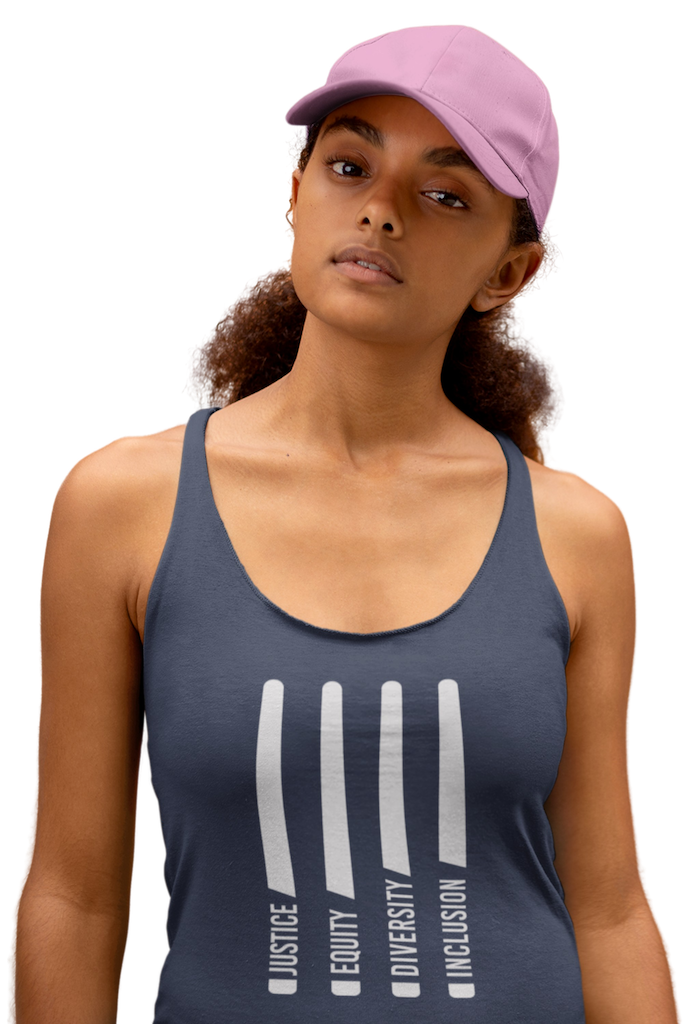 A model in a pink cap is wearing a navy Justice Equity Diversity Inclusion women's racerback tank. Four white laser swords are placed vertically in the middle of the women's racerback tank. At the base of each sword, in the place of the handle, is one word: Justice Equity Diversity Inclusion.