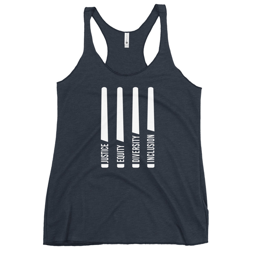 A navy Justice Equity Diversity Inclusion women's racerback tank. Four white laser swords are placed vertically in the middle of the women's racerback tank. At the base of each sword, in the place of the handle, is one word: Justice Equity Diversity Inclusion.