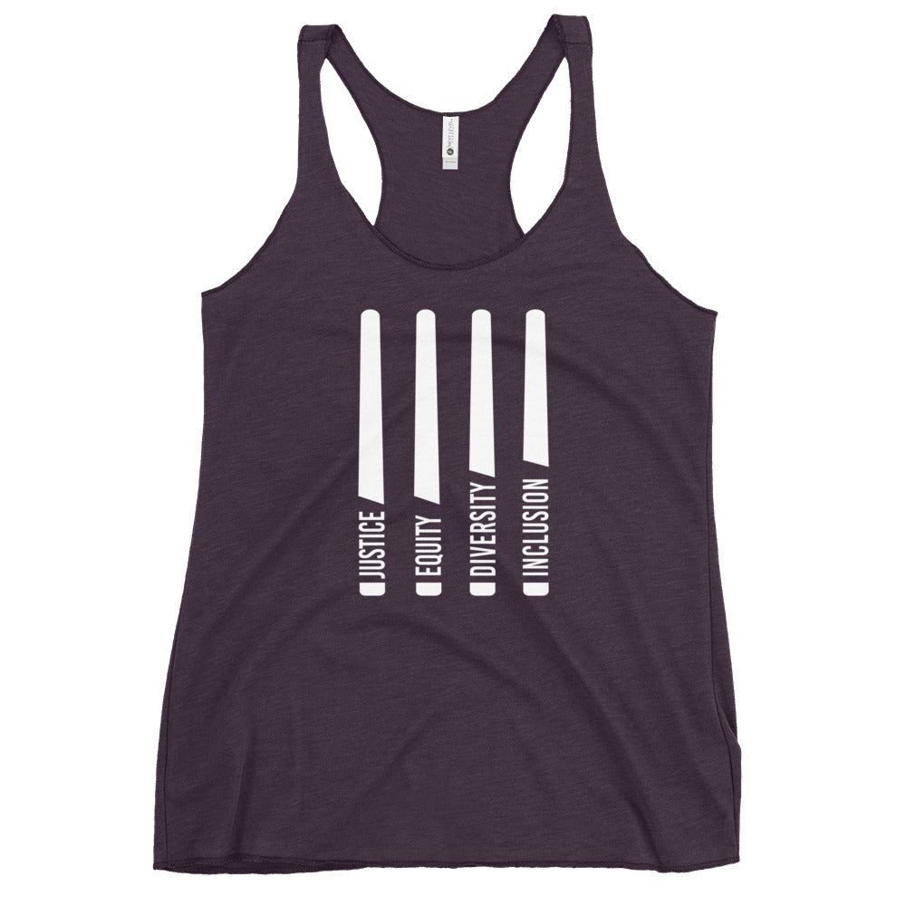 A purple Justice Equity Diversity Inclusion women's racerback tank. Four white laser swords are placed vertically in the middle of the women's racerback tank. At the base of each sword, in the place of the handle, is one word: Justice Equity Diversity Inclusion.