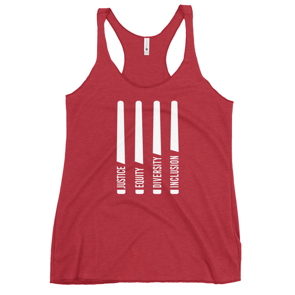 A red Justice Equity Diversity Inclusion women's racerback tank. Four white laser swords are placed vertically in the middle of the women's racerback tank. At the base of each sword, in the place of the handle, is one word: Justice Equity Diversity Inclusion.