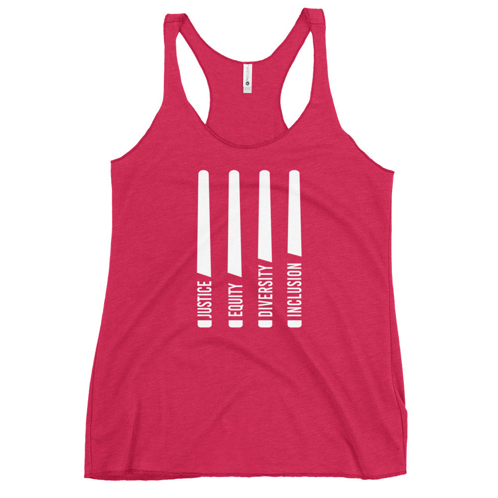 A pink Justice Equity Diversity Inclusion women's racerback tank. Four white laser swords are placed vertically in the middle of the women's racerback tank. At the base of each sword, in the place of the handle, is one word: Justice Equity Diversity Inclusion.