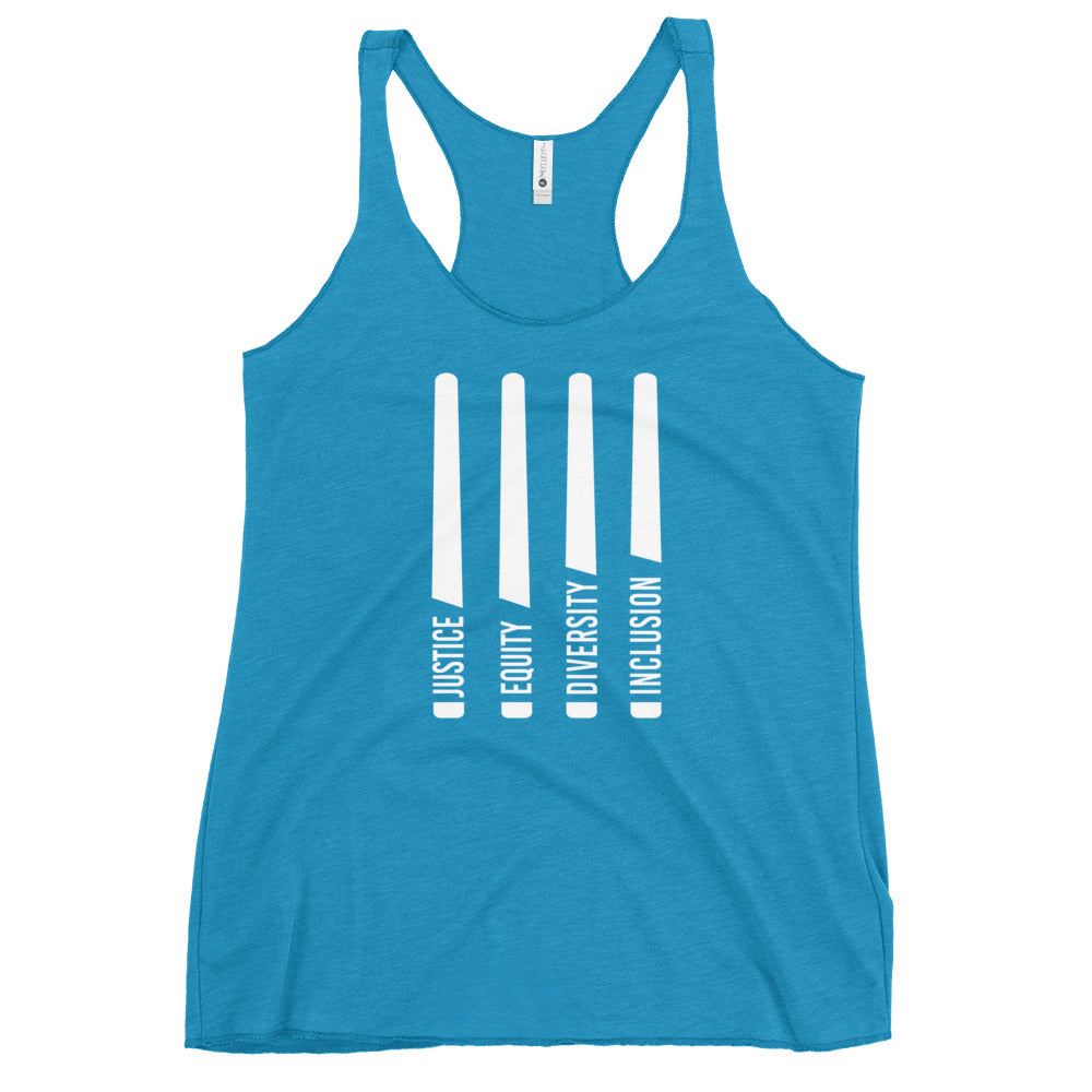 A turquoise Justice Equity Diversity Inclusion women's racerback tank. Four white laser swords are placed vertically in the middle of the women's racerback tank. At the base of each sword, in the place of the handle, is one word: Justice Equity Diversity Inclusion.