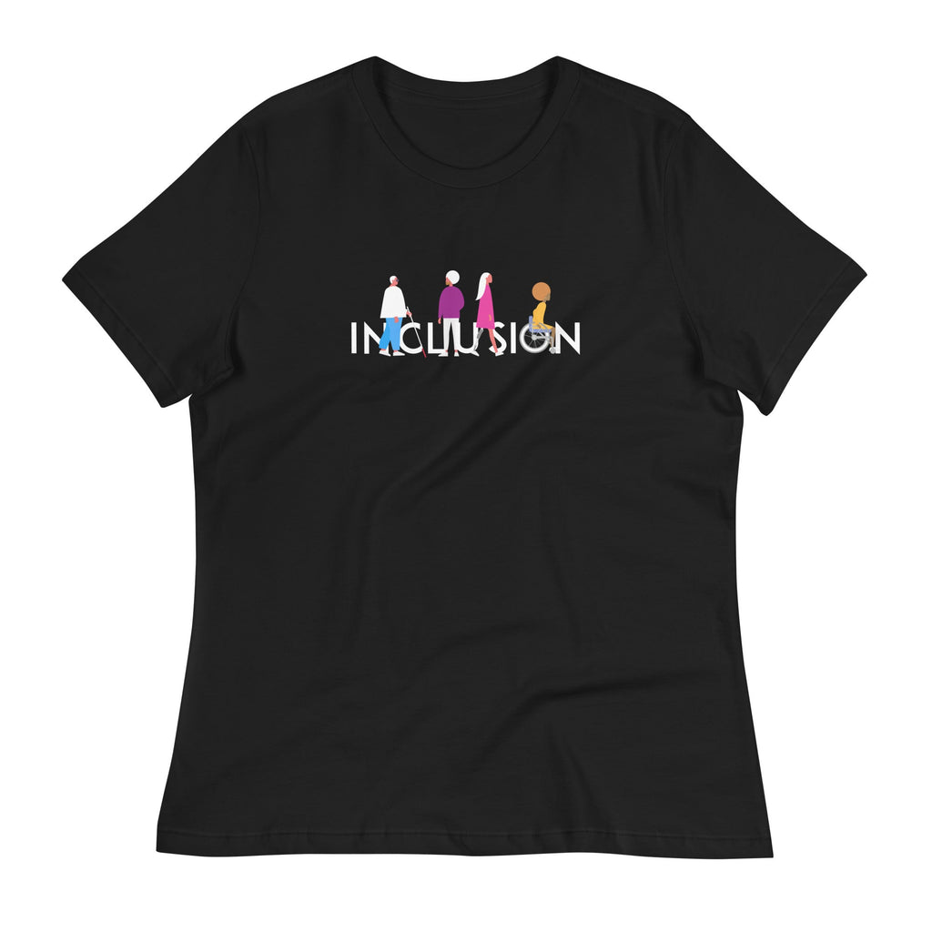 A photo of a black relaxed Inclusion tee. The t-shirt has the word 'inclusion' printed in white in upper case on it. Four diverse disabled people are incorporated into the word inclusion.A photo of a relaxed Inclusion tee. The tee has the iconic INCLUSION logo printed on it: the word INCLUSION is printed in large white type in the colors of the rainbow. Four diverse disabled people are incorporated into the word INCLUSION. Under the words, printed in small white upper case text, is the word - URevolution.