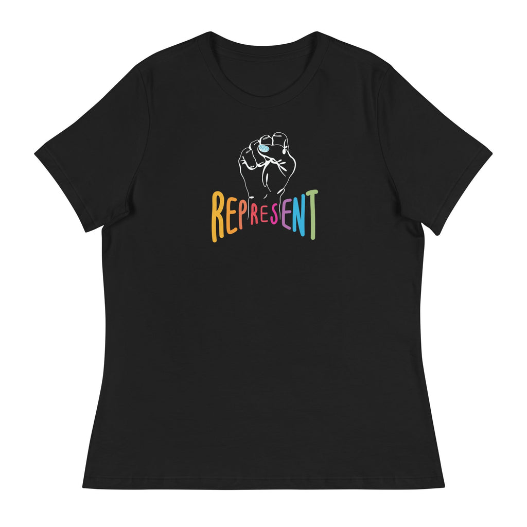 Photo of a black Represent Tee. In the middle of the represent tee is a white line drawing of a raised clenched fist, with the handwritten word “represent,” written in upper case rainbow colors.