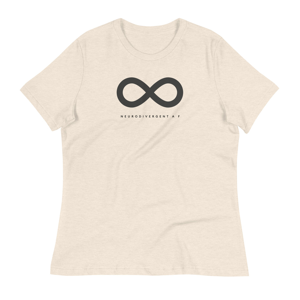 This is a photo of URevolution's relaxed curvy Neurodivergent AF Eco-Friendly Hoodie. In the middle of the top one-third of the tee, there is a black infinity symbol. Under the symbol is the phrase, 'neurodivergent a f,' in upper case block letters.