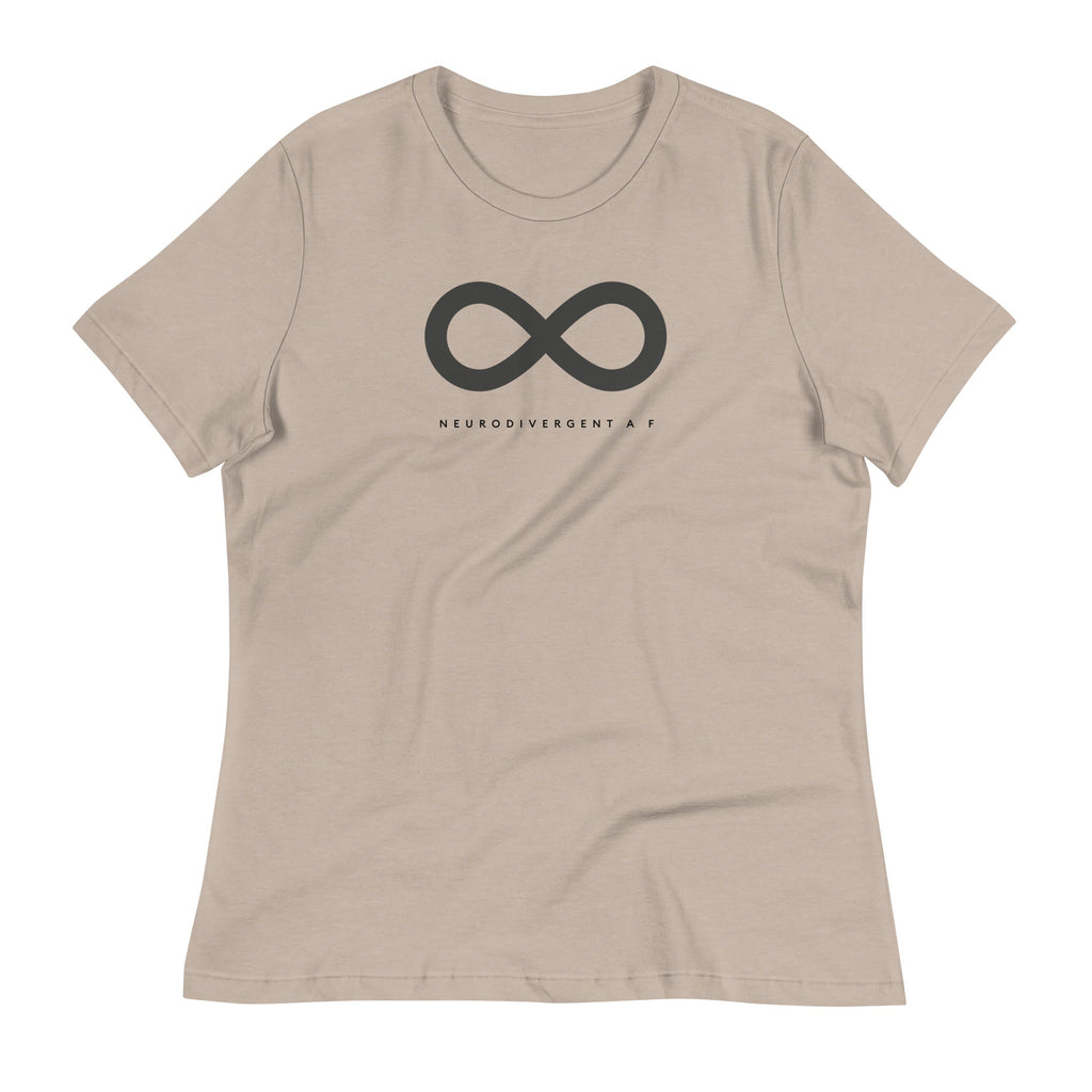 This is a photo of URevolution's relaxed curvy Neurodivergent AF Eco-Friendly Hoodie. In the middle of the top one-third of the tee, there is a black infinity symbol. Under the symbol is the phrase, 'neurodivergent a f,' in upper case block letters.