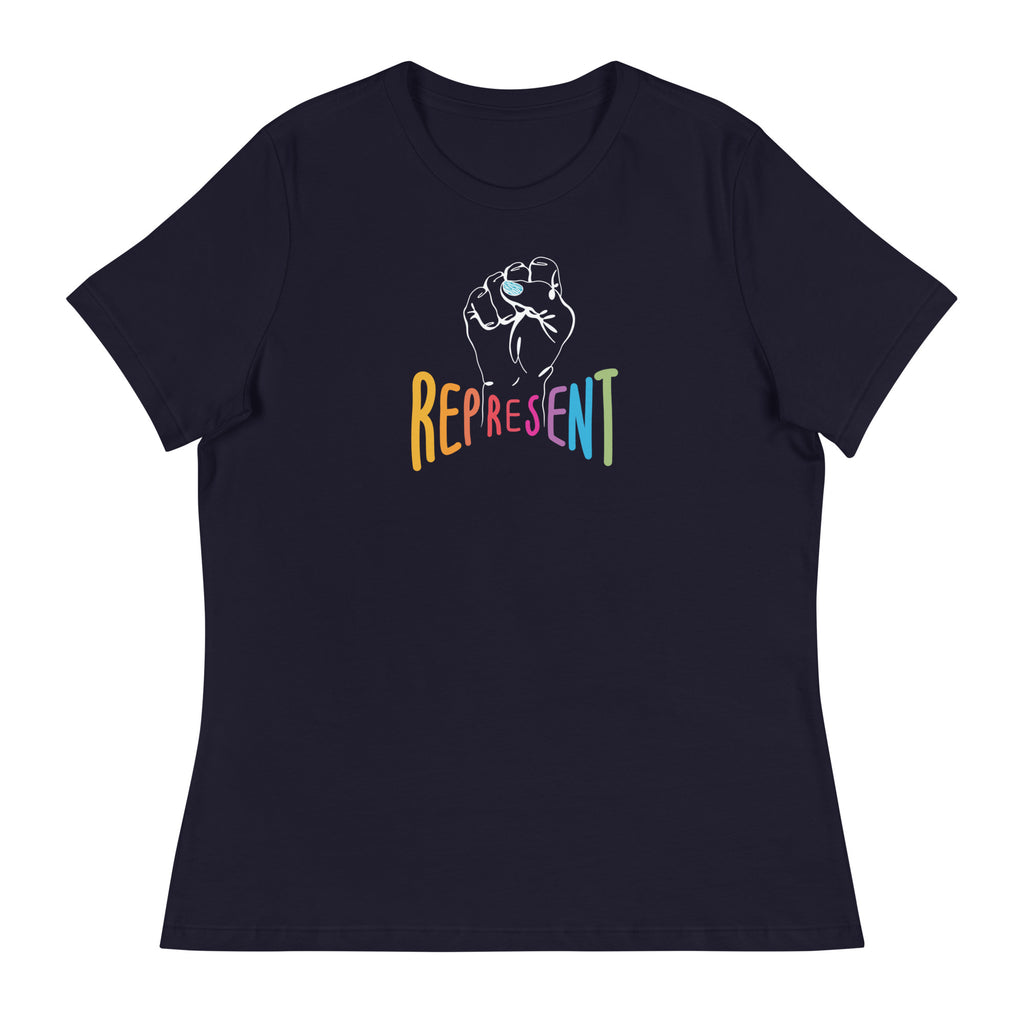 Photo of a navy Represent Tee. In the middle of the represent tee is a white line drawing of a raised clenched fist, with the handwritten word “represent,” written in upper case rainbow colors.
