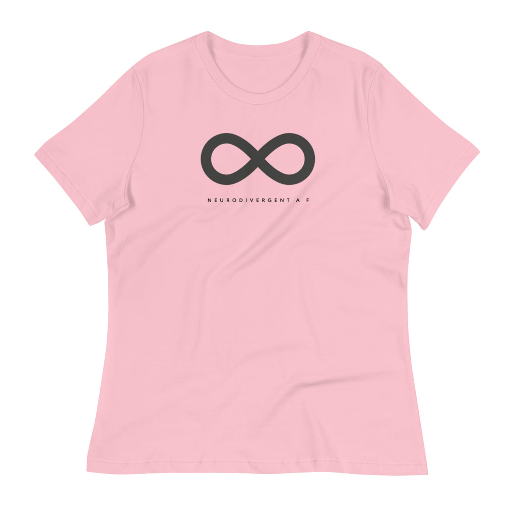 This is a photo of URevolution's relaxed curvy Neurodivergent AF Eco-Friendly Hoodie. In the middle of the top one-third of the tee, there is a black infinity symbol. Under the symbol is the phrase, 'neurodivergent a f,' in upper case block letters.