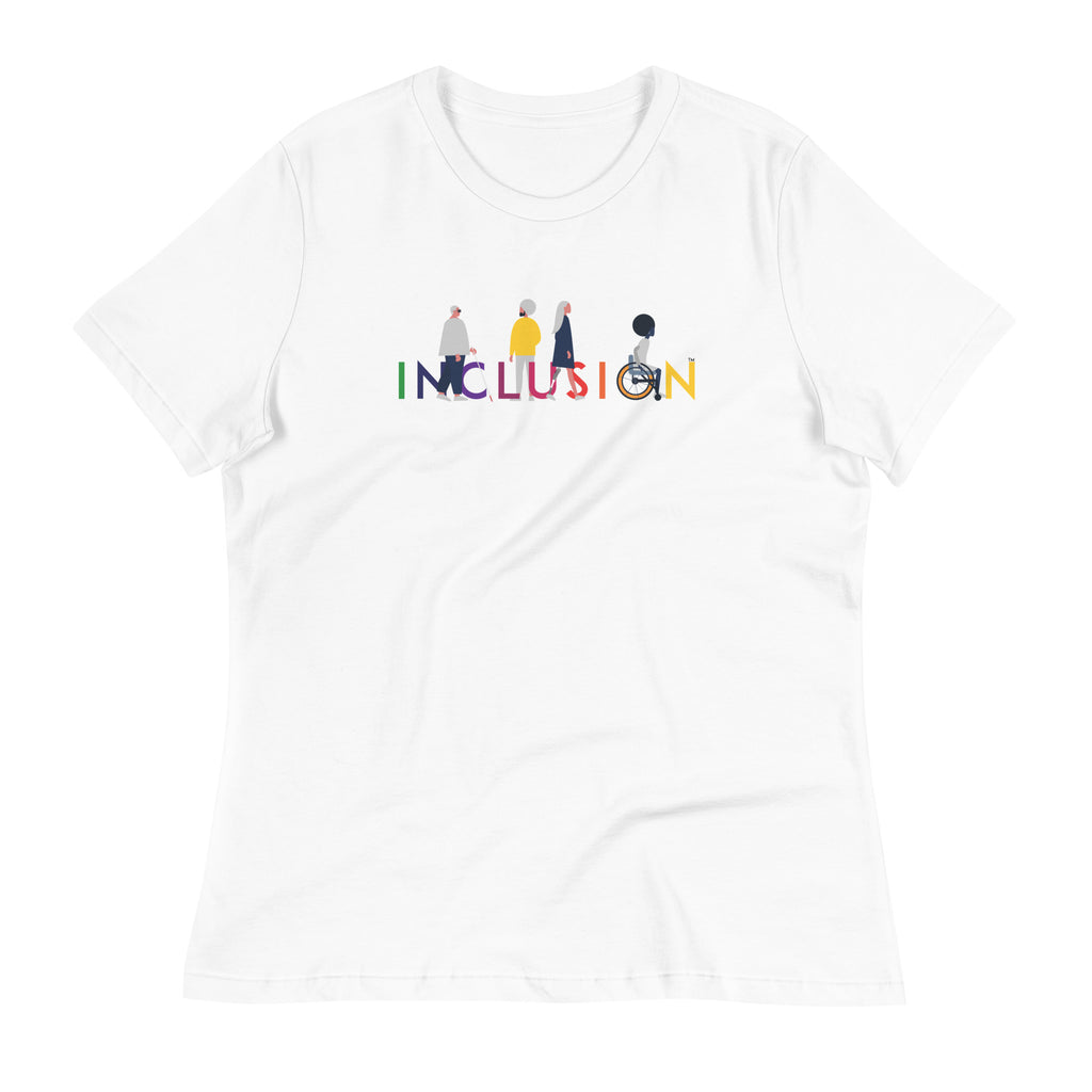 A photo of a relaxed Inclusion tee. The tee has the iconic INCLUSION logo printed on it: the word INCLUSION is printed in large white type in the colors of the rainbow. Four diverse disabled people are incorporated into the word INCLUSION. Under the words, printed in small white upper case text, is the word - URevolution.