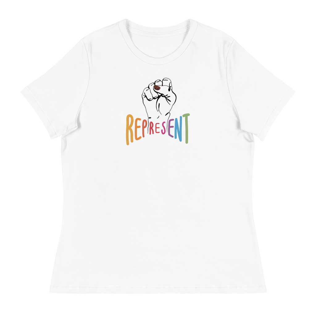 Photo of white Represent Tee. In the middle of the represent tee is a black line drawing of a raised clenched fist, with the handwritten word “represent,” written in upper case rainbow colors.